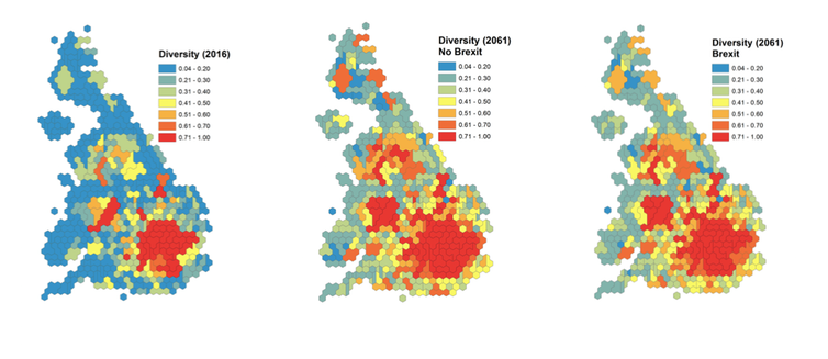 Cartogram showing UK becoming more ethnically diverse under both 'Brexit' and 'No Brexit' scenarios