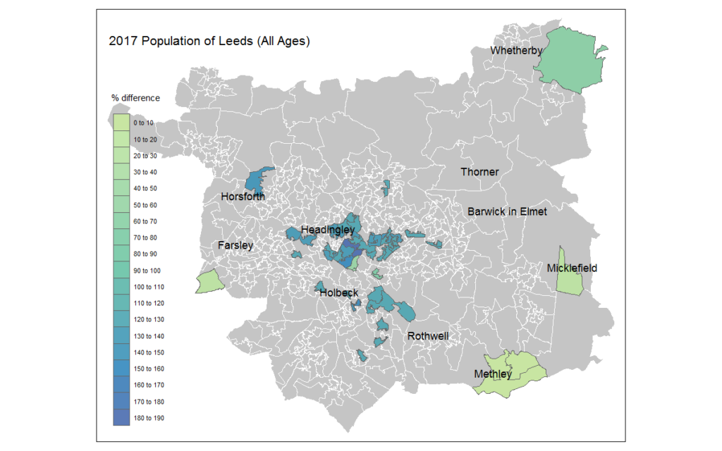 Map showing Outlier Percentage difference between the 2017 MYE and 2017 GP across the whole population of Leeds