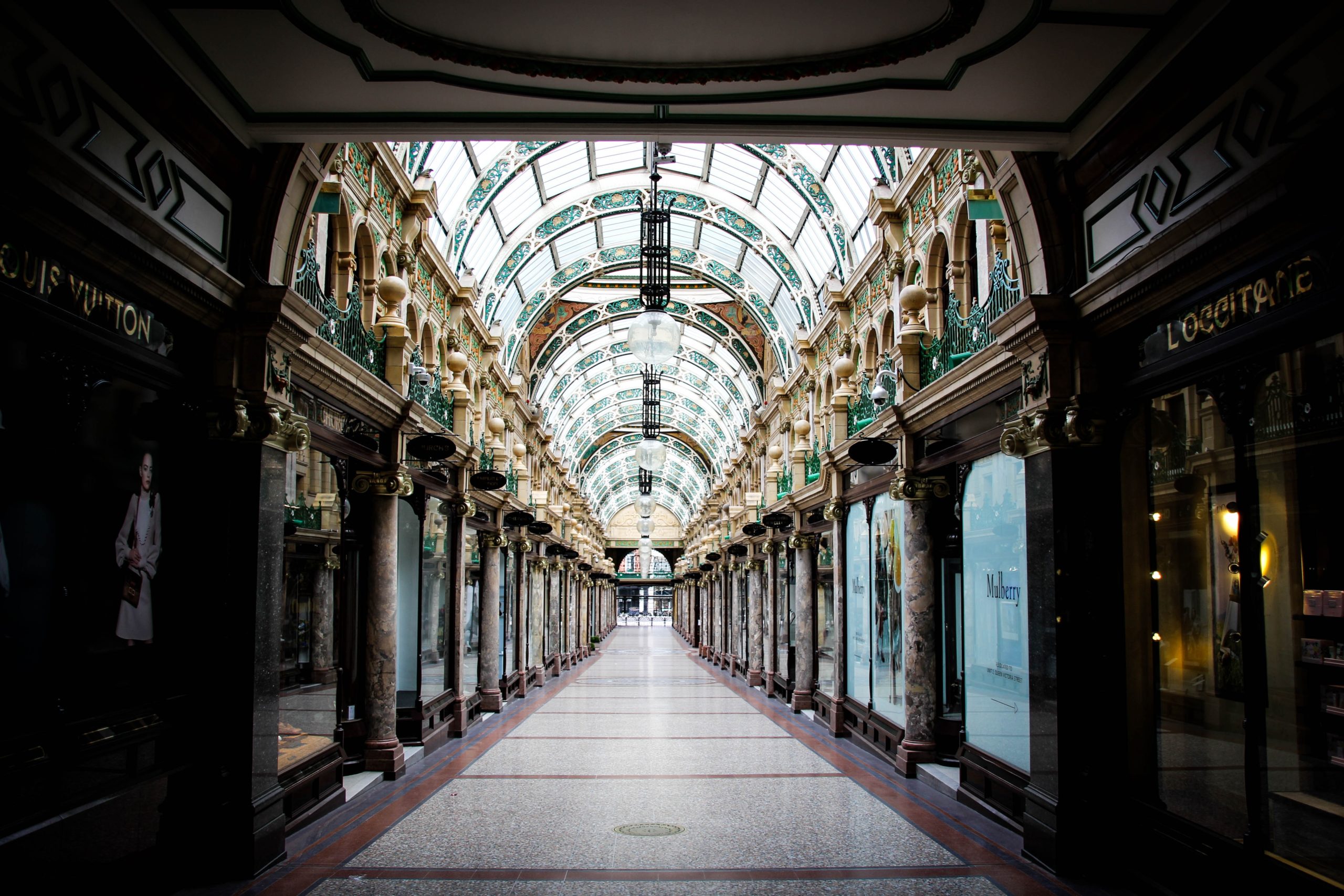 Empty traditional shopping arcade in Leeds