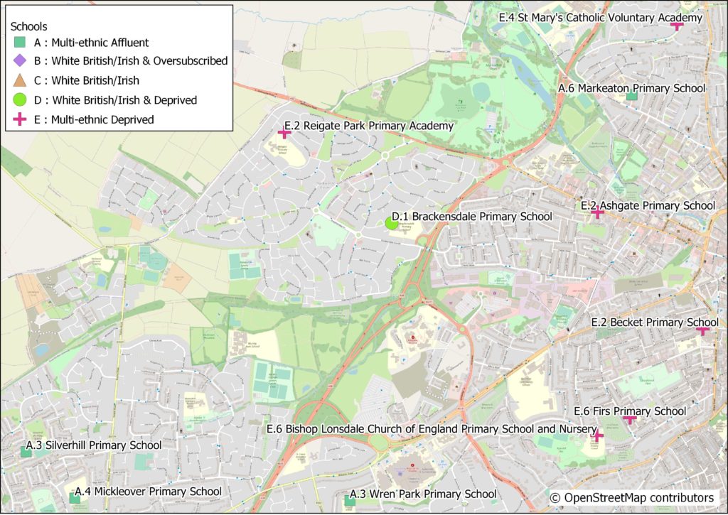 Map of Derby highlighting that Reigate Park Primary would be better to look to schools further afield than their immediate neighbour Brackensdale Primary