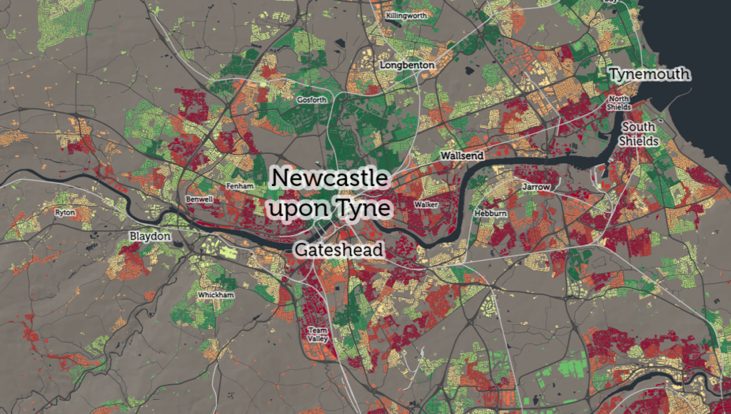 Screenshot of Newcastle showing the EFDI at Lower Super Output Areas