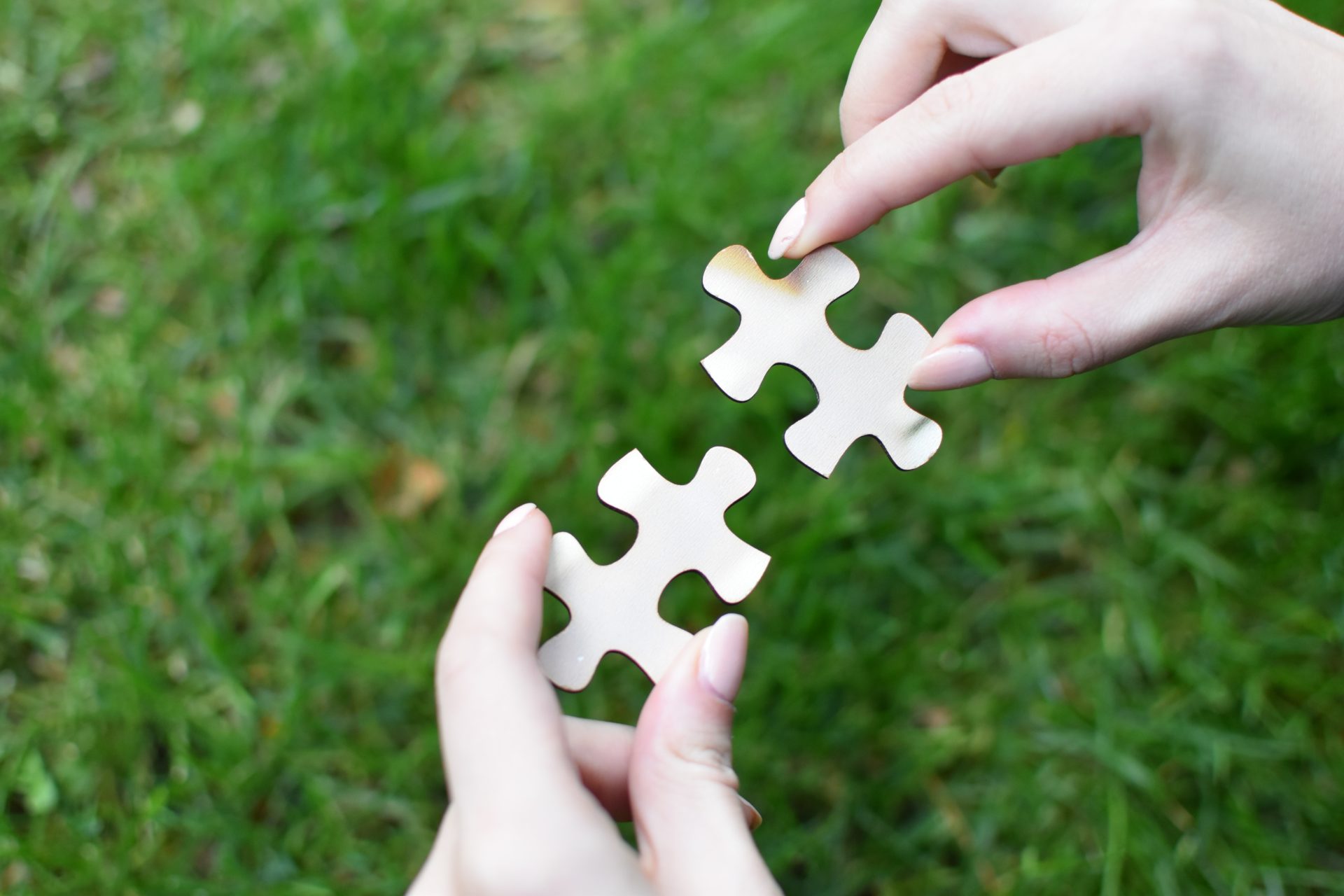 Two jigsaw pieces being held close together over green grass