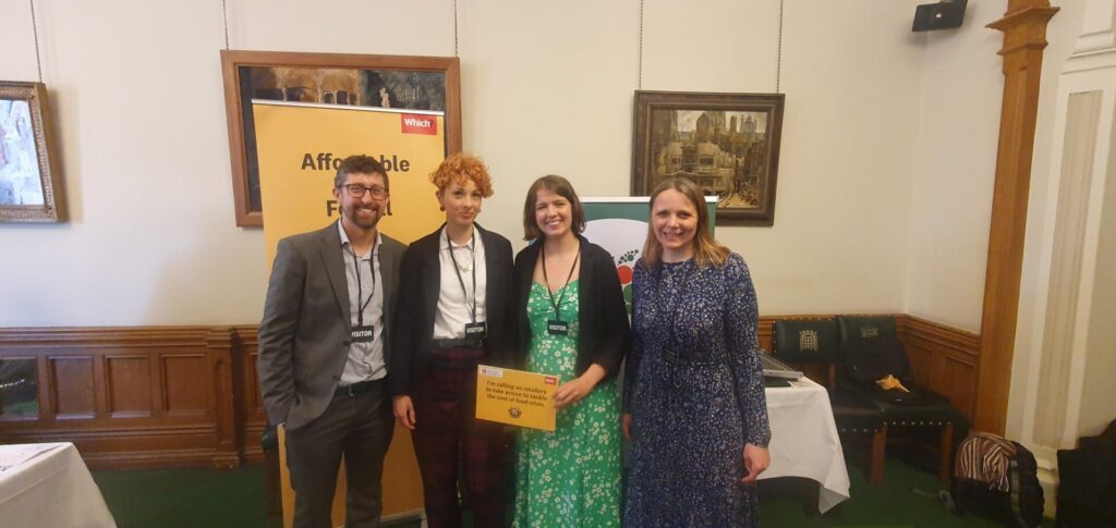 Four CDRC team members at the House of Commons for the Tackling the Cost of Food event with The Food Foundation and Which?