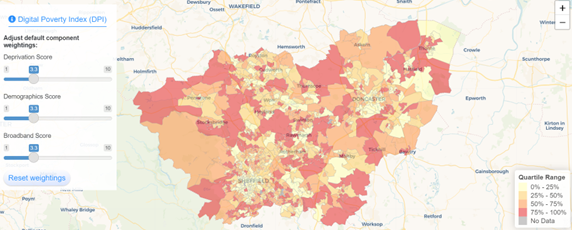 Map showing digital poverty index in South Yorkshire