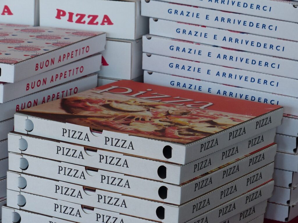 stacked pizza boxes